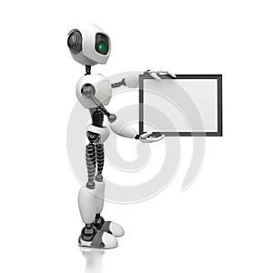 A humanoid robot holds a blank white sheet in a black frame on a white background. Future concept with smart robotics and artifici