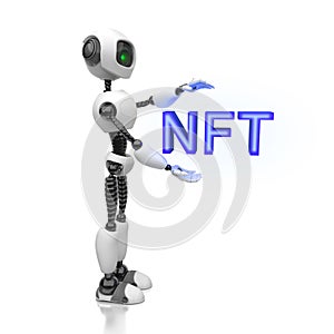 A humanoid robot holds the word NFT in its hand on a white background. Non fungible token . Creative conceptual illustration. 3D r