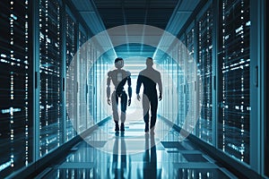 A humanoid robot and a human engineer work together on a large holographic interface inside an ultra-modern AI command center