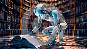Humanoid robot immersed in engrossed in studying book at library. Generative AI photo