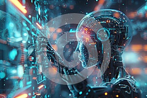 Humanoid robot interact with holographic digital interface screen. Artificial intelligence