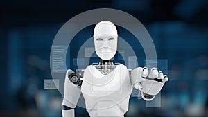 Humanoid robot interacting with digital interface in futuristic workspace, showcasing advanced technology and artificial