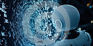 humanoid robot interacting with digital interface, showcasing technology