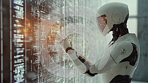 A humanoid robot interacts with a digital interface filled with data in a futuristic technology setting