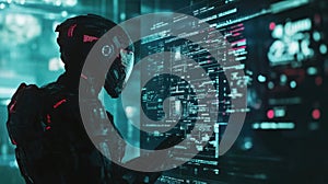 A humanoid robot interacts with a digital interface filled with data in a futuristic technology setting