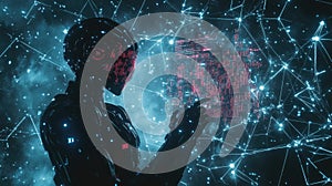 A humanoid robot interacts with a digital interface filled with data in a futuristic technology setting