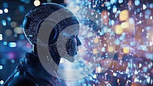 A humanoid robot interacts with a digital interface filled with data in a futuristic technology setting