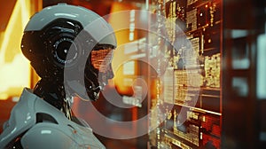 A humanoid robot interacts with a digital interface filled with data in a futuristic technology setting