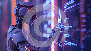 A humanoid robot interacts with a digital interface in a futuristic environment at night