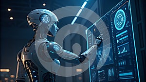 A humanoid robot interacts with a futuristic, glowing touch screen displaying complex data and graphs in a dimly lit