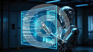 Advanced Robot Interacting with Futuristic Holographic Display Showing Complex Data and Code