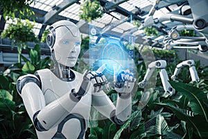 Humanoid robot interacts with holographic interface in futuristic greenhouse, blending technology and nature photo
