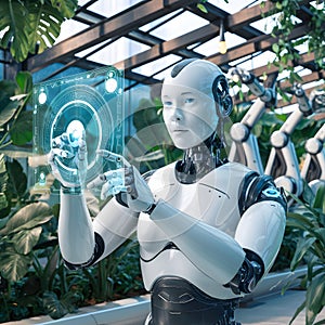 Humanoid robot interacts with holographic interface in futuristic greenhouse, blending technology and nature photo