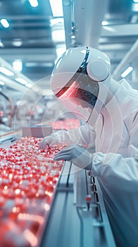 humanoid robot in lab coat assembling red capsules in high tech facility photo