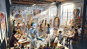 Humanoid Robot Leading Art Workshop. Generative AI photo