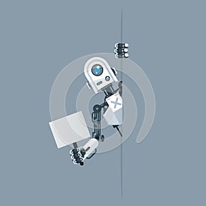 Humanoid robot look out corner with poster in hand artifical intellelegence technology science fiction 3d design vector