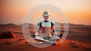 Humanoid robot meditates on Mars in a lotus position