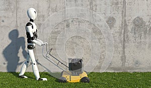 A humanoid robot mows grass with a lawn mower. Future concept with robotics and artificial intelligence. 3D rendering