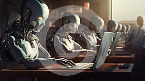 Humanoid robot office workers working on a laptop computer