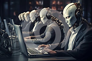Humanoid robot office workers working on a laptop computer