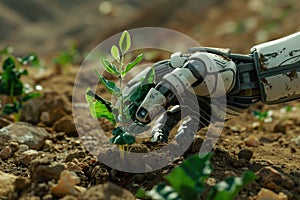 A humanoid robot planting a small green plant in the ground