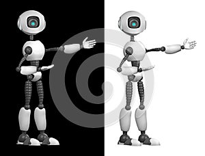 A humanoid robot points with his hands. Isolated on black and white background. Future concept with robotics and artificial