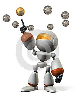 A humanoid robot that points to one of multiple spheres floating in the air.