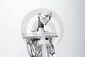 Humanoid robot praying. Religion and science concept. Question of creation of a new intelligent life concept. Generative