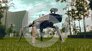 Humanoid robot programming on computer in modern office