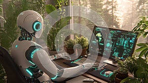 Humanoid robot programming on computer in modern office