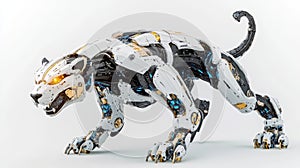 Humanoid robot programming on computer in modern office