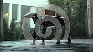 Humanoid robot programming on computer in modern office
