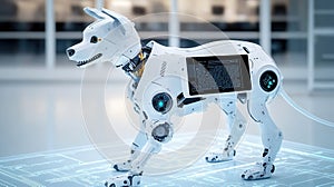 Humanoid robot programming on computer in modern office
