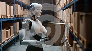 Humanoid robot programming on computer in modern office