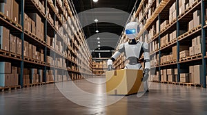 Humanoid robot programming on computer in modern office