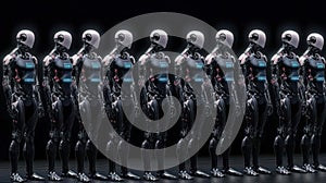 Humanoid robot programming on computer in modern office