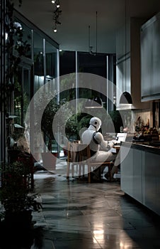 Humanoid robot programming on laptop in modern apartment at night