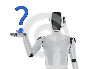 Humanoid robot with question mark isolated on white