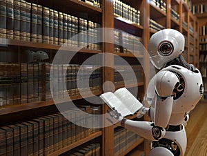 A humanoid robot reads a book in a traditional library, symbolizing the intersection of technology and knowledge in a