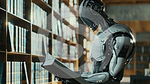 A humanoid robot reads a book in a traditional library, symbolizing the intersection of technology and knowledge in a