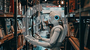A humanoid robot reads a book in a traditional library, symbolizing the intersection of technology and knowledge in a