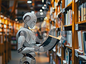 A humanoid robot reads a book in a traditional library, symbolizing the intersection of technology and knowledge in a