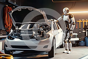 An humanoid robot reparing a car in a garage.