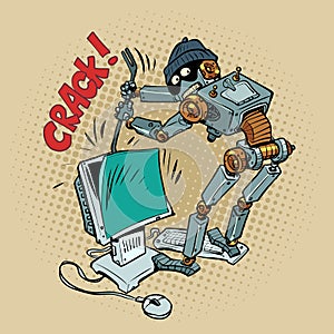 A humanoid robot robber and a thief in a cap hacks into your computer. The problem of security and authentication in the