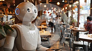 A humanoid robot serves as a waiter in a cozy, well-lit dining space, showcasing futuristic service photo