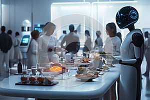 Humanoid robot serving food in modern buffet setting, showcasing advanced technology in culinary automation restaurant