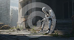 A humanoid robot sits on a deteriorating concrete staircase, surrounded by photo