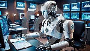 Futuristic Robot Analyzing Financial Data
