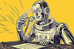 A humanoid robot speaks on an old wired phone, concept of Artificial Intelligence, created with Generative AI technology