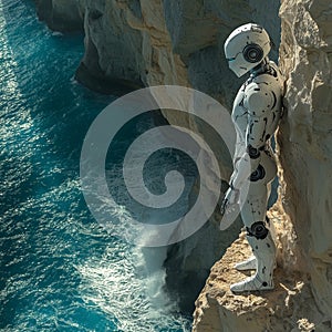 Humanoid Robot Standing on a Cliff Overlooking the Ocean, AI Generated